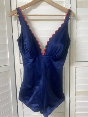 Vintage 1970 DeWeese Design Navy W/ Red Trim One Piece Swimsuit Sz 16 USA Made